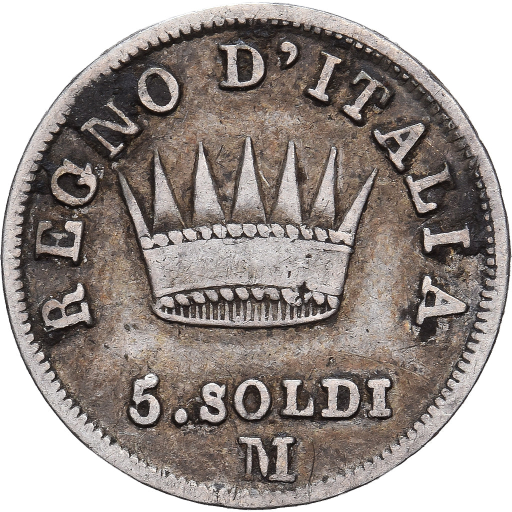 Kingdom of Italy, Napoleon I, 5 Soldi, 1809, Milan, Plata, BC+