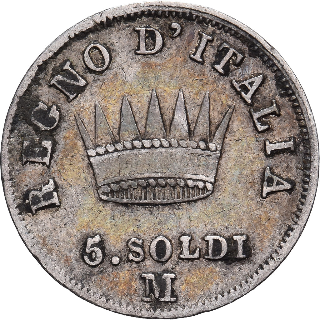 Kingdom of Italy, Napoleon I, 5 Soldi, 1810, Milan, Plata, BC+