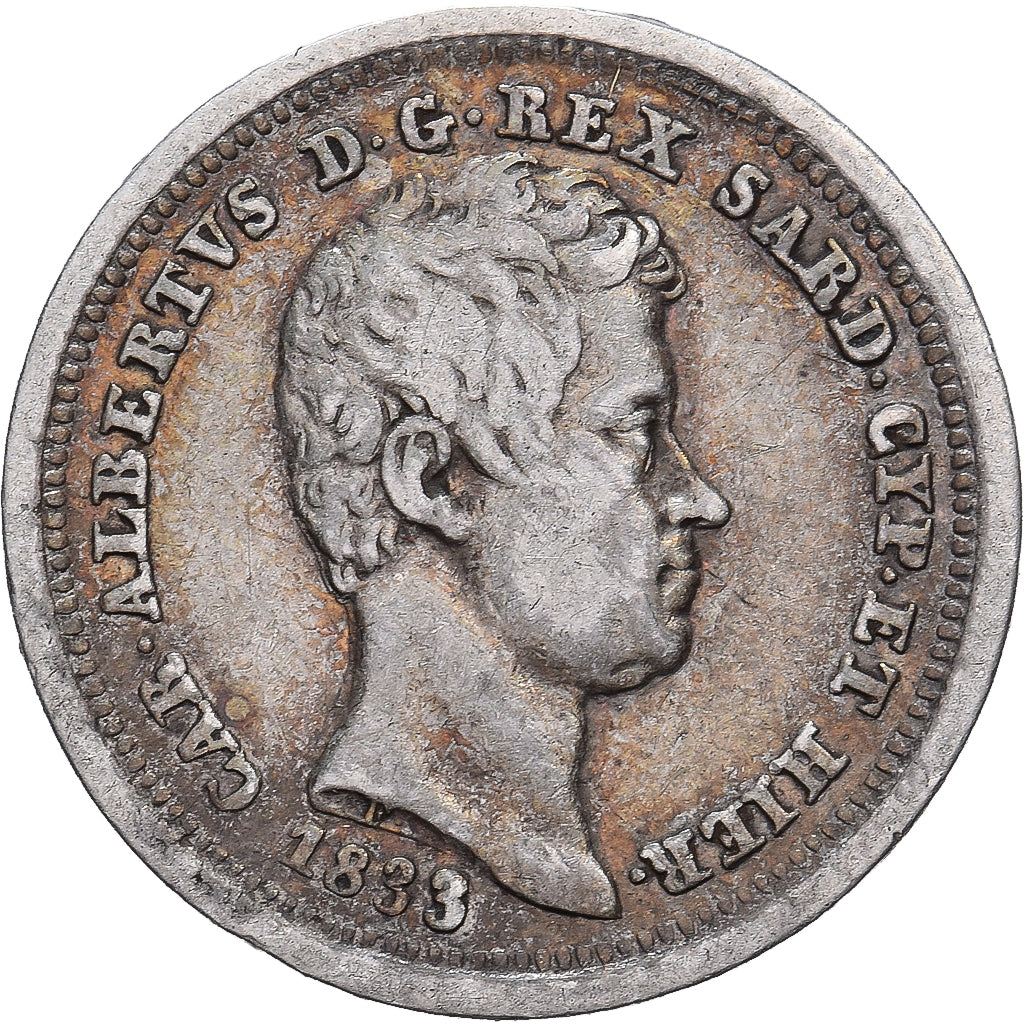 Kingdom of Sardinia, Carlo Alberto, 25 Centesimi, 1833, Torino, Plata, BC+