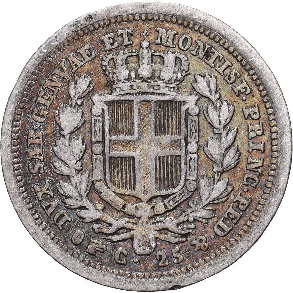 Kingdom of Sardinia, Carlo Alberto, 25 Centesimi, 1833, Torino, Plata, BC+