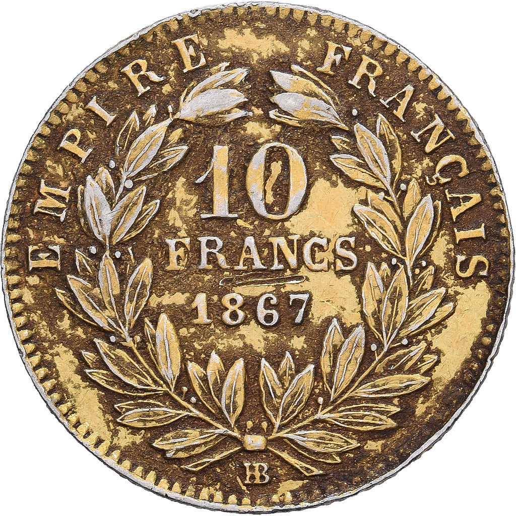 France, Napoléon III, 10 Francs, 1867, Strasbourg, Faux en platine doré