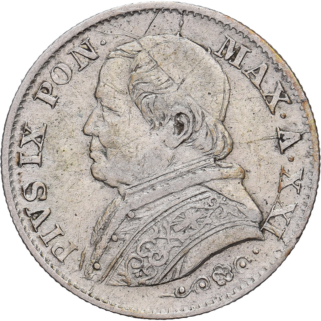 Papal States, Pius IX, 5 Soldi, 1867, Rome, Silver, EF(40-45)