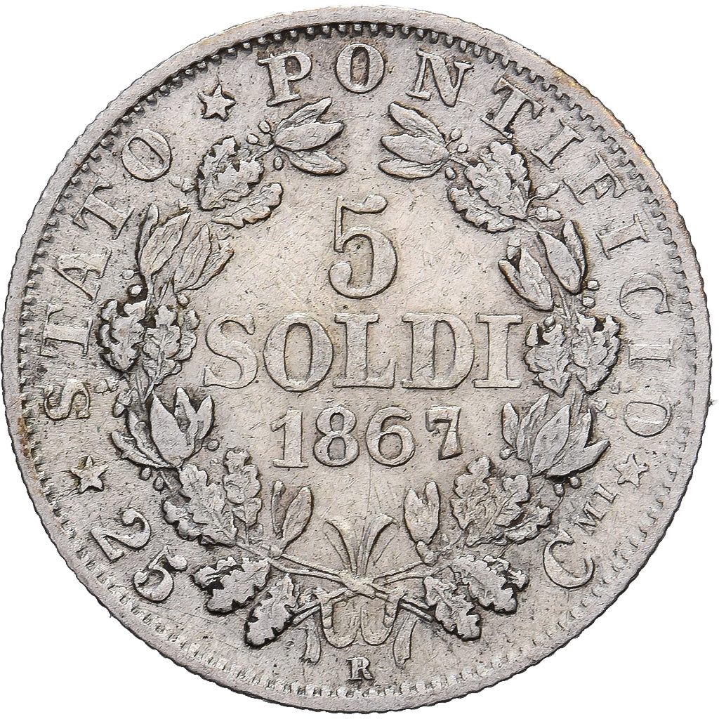 Papal States, Pius IX, 5 Soldi, 1867, Rome, Silver, EF(40-45)