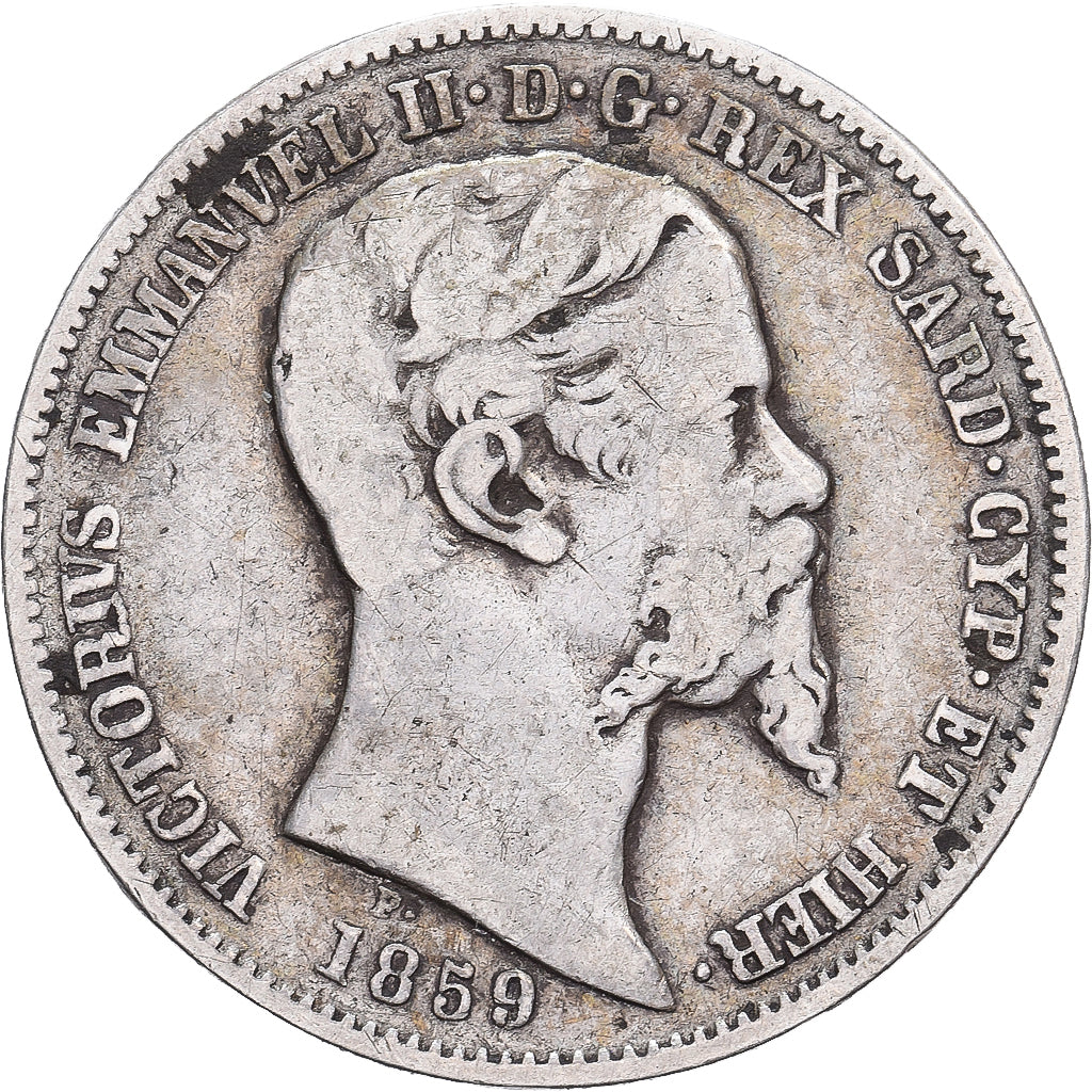 Kingdom of Sardinia, Vittorio Emanuele II, 1 Lira, 1859, Milan, Argento, MB+