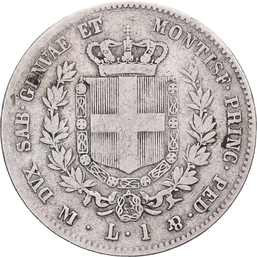 Kingdom of Sardinia, Vittorio Emanuele II, 1 Lira, 1859, Milan, Argento, MB+
