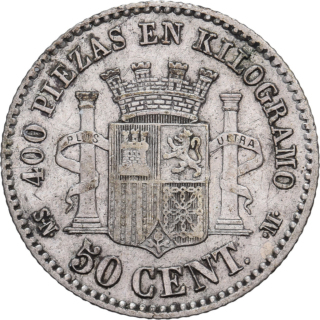 Spain, Provisional Government, 50 Centimos, 1869, Madrid, Silver, VF(30-35)