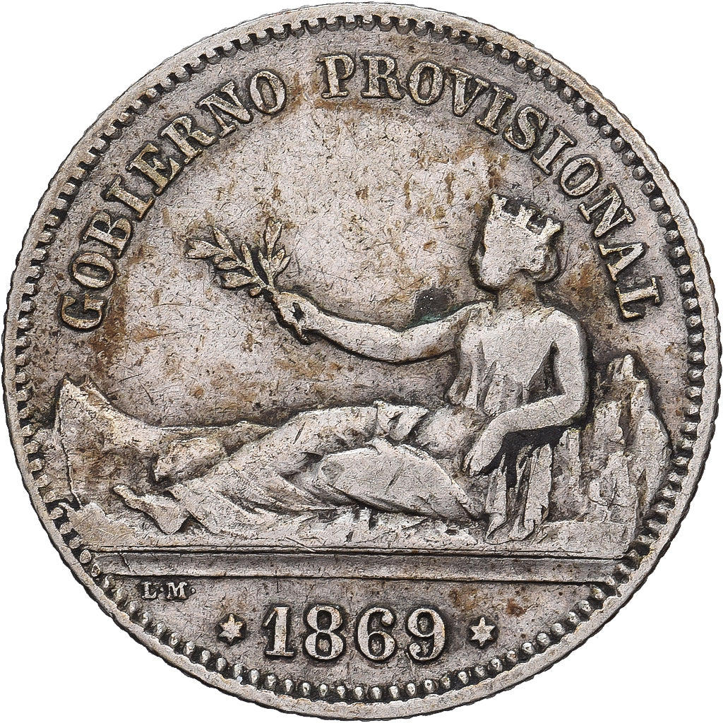 Espagne, Gouvernement Provisoire, 1 Peseta, 1869, Madrid, Argent, TTB