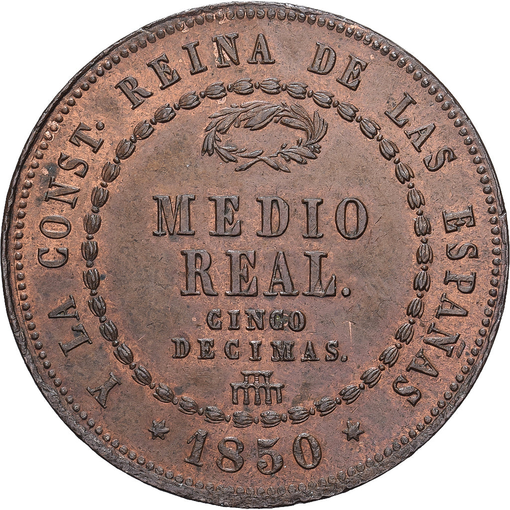 Spagna, Isabel II, 1/2 Réal, 1850, Segovia, Rame, SPL