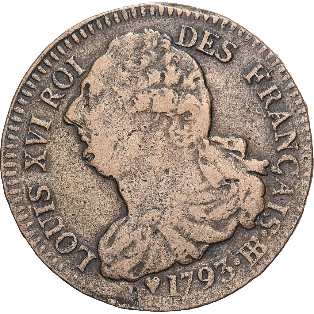 Frankreich, Louis XVI, 2 Sols, 1793 / AN 5, Strasbourg, Bronze, SS, Gadoury:25