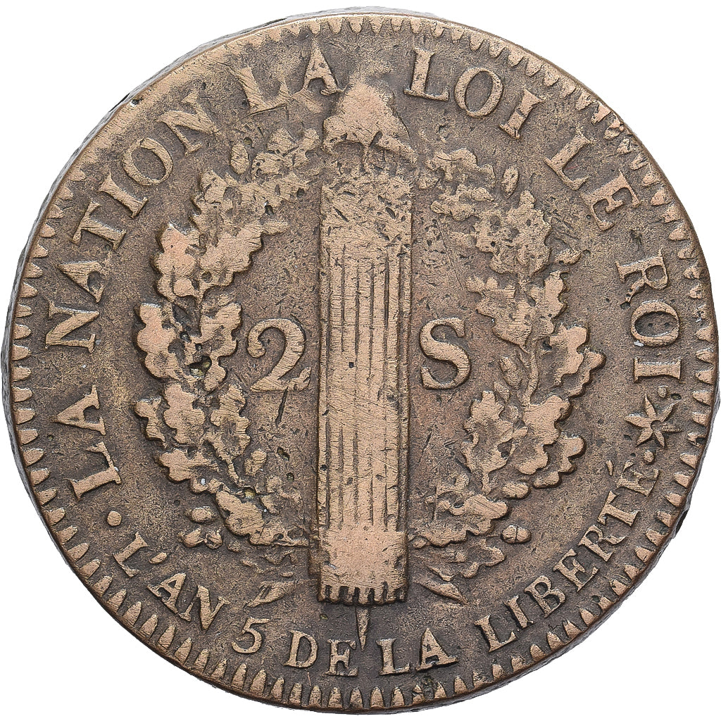 Frankreich, Louis XVI, 2 Sols, 1793 / AN 5, Strasbourg, Bronze, SS, Gadoury:25