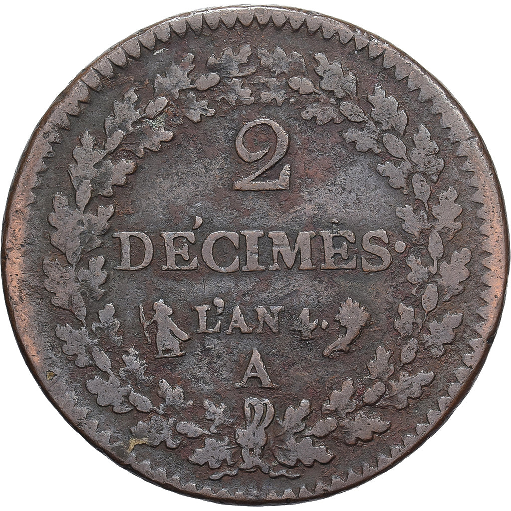 Frankreich, 2 Décimes, Dupré, AN 4, Paris, Kupfer, S+, Gadoury:300