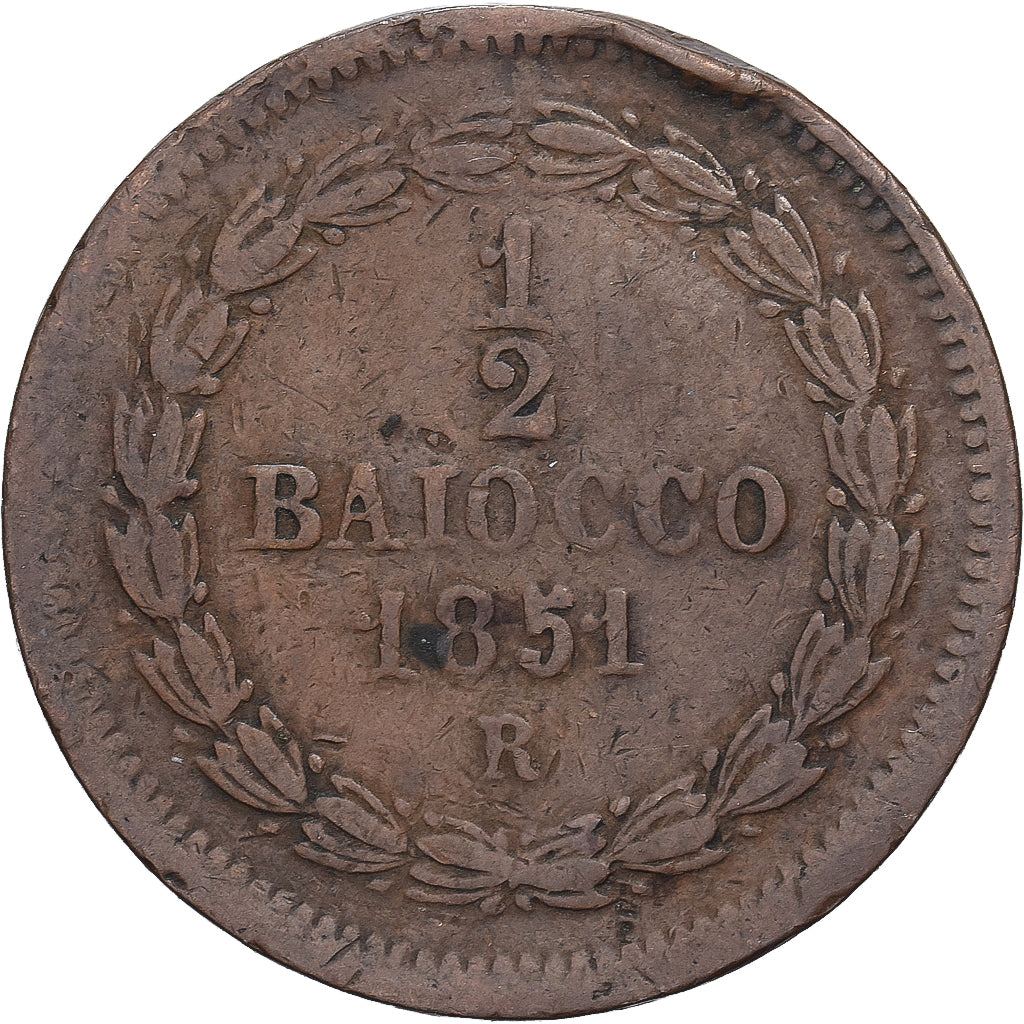 Papal States, Pius IX, 1/2 Baiocco, 1851, Rome, Koper, FR+