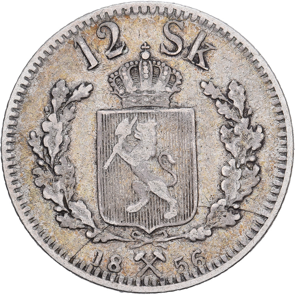 Noruega, Oscar I, 12 Skilling, 1855, Kongsberg, Plata, BC+