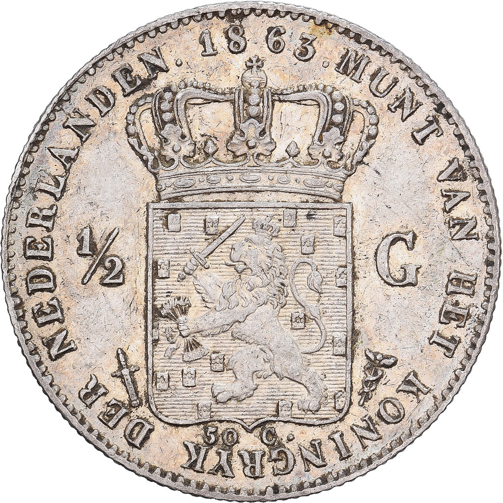 Países Bajos, Willem III, 1/2 Gulden, 1863, Utrecht, Plata, EBC