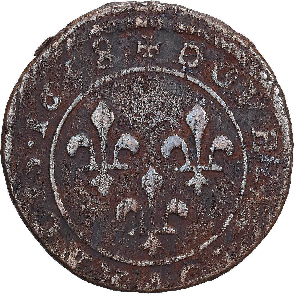 Francia, Louis XIII, Double Tournois, 1638, Axe Loire-Rhône, Cobre, BC+