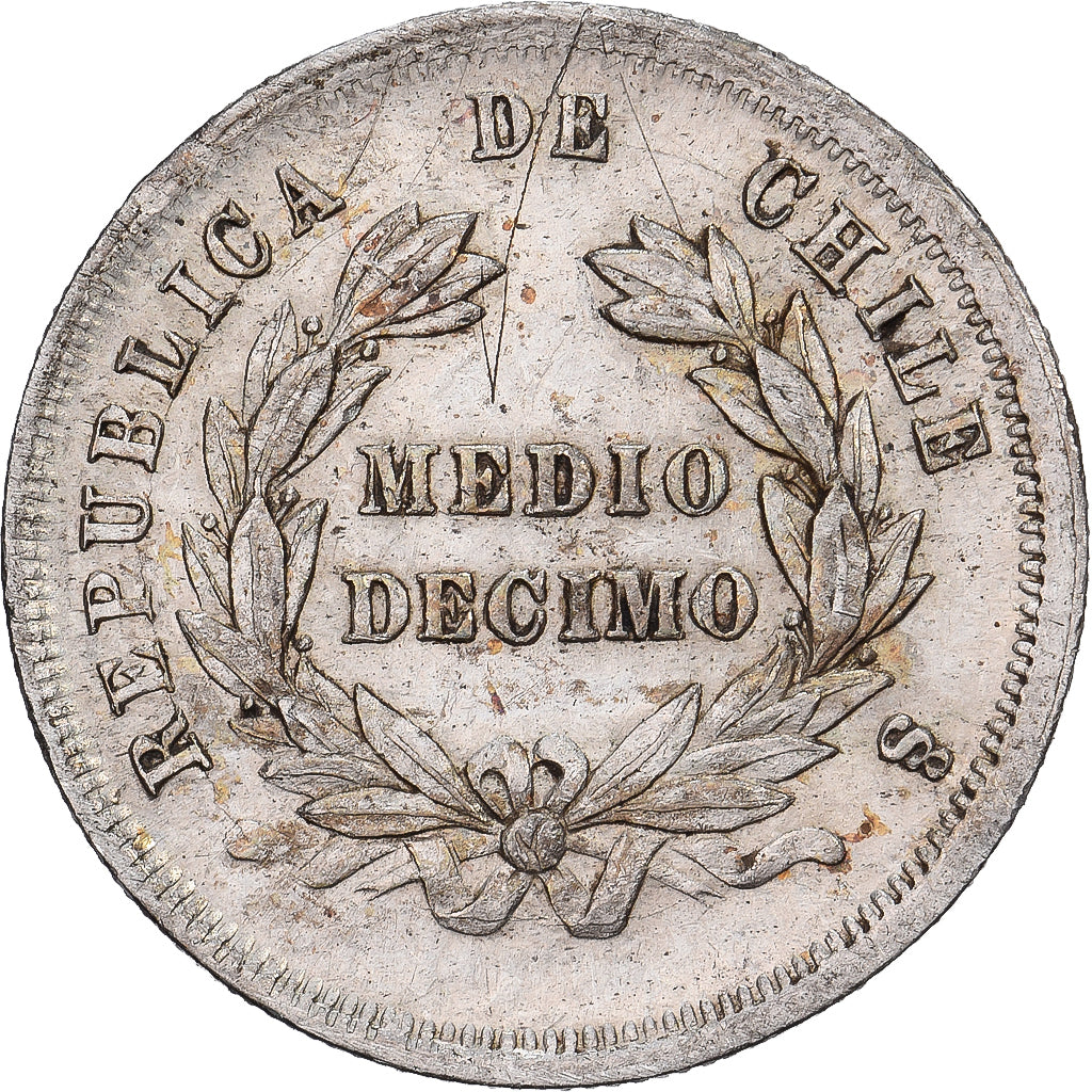 Chile, 1/2 Decimo, 1868, Santiago, Clashed dies, Silver, AU(50-53)