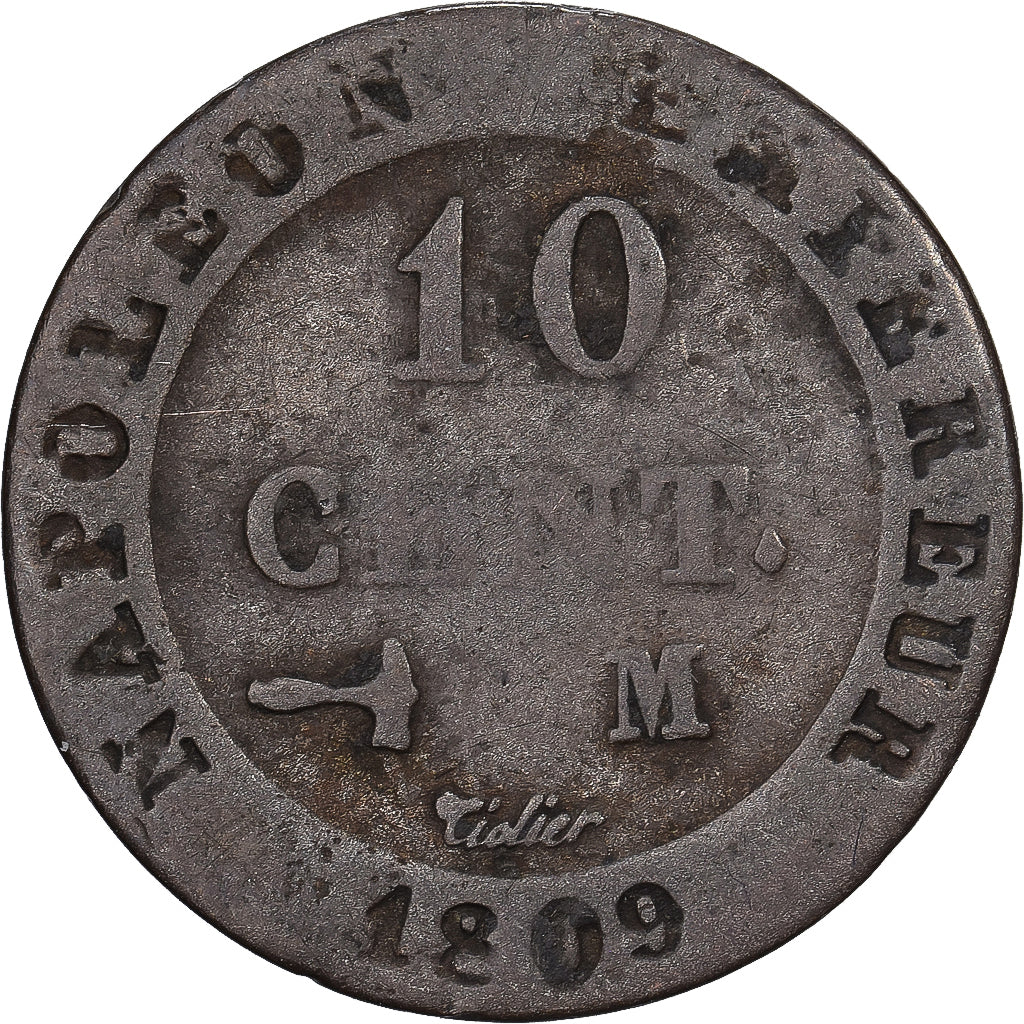 Francia, Napoleon I, 10 Centimes, 1809, Toulouse, Vellón, BC+