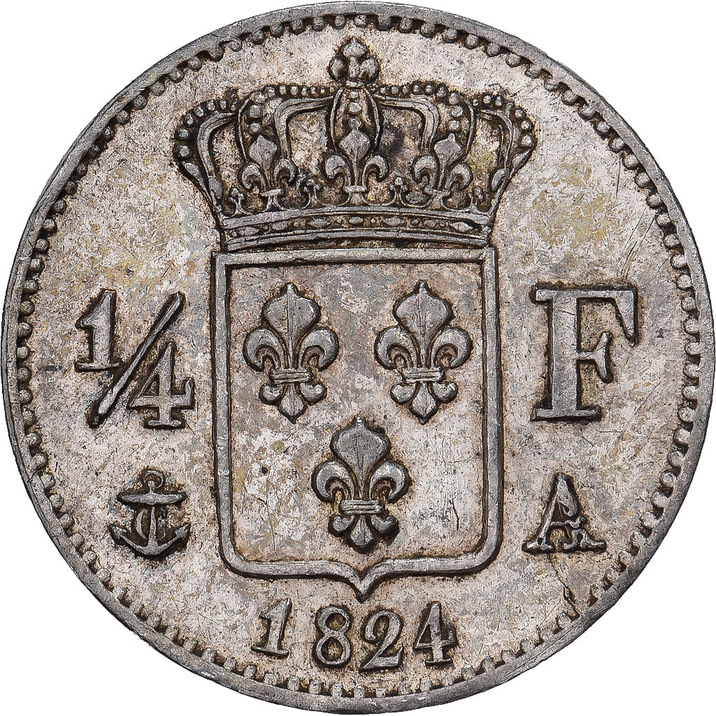 França, Louis XVIII, 1/4 Franc, 1824, Paris, Prata, AU(50-53)
