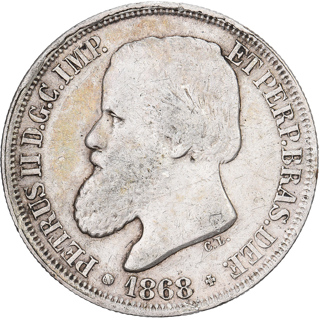 Brazilië, Pedro II, 200 Reis, 1868, Rio de Janeiro, Zilver, ZF