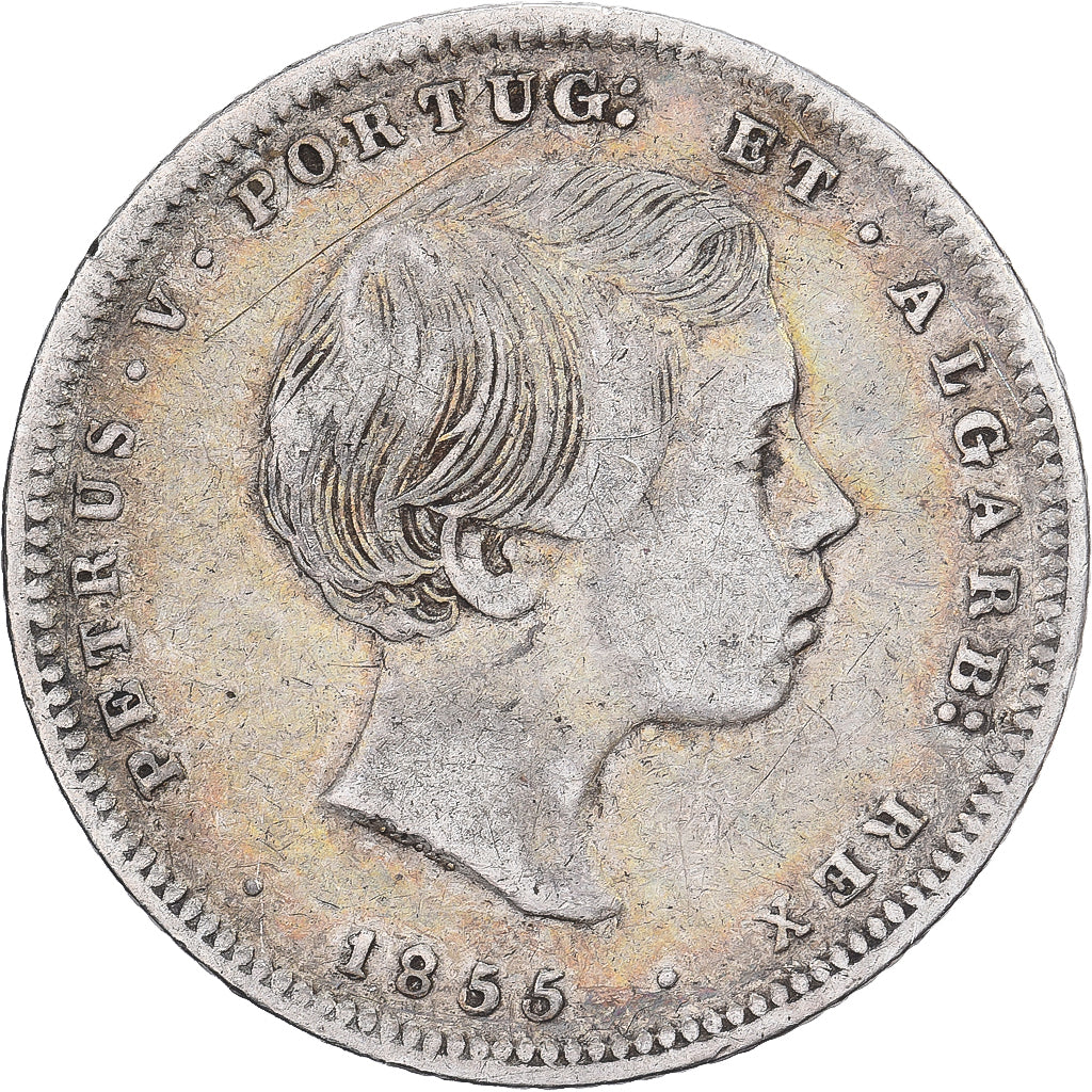 Portugal, Pedro V, 200 Reis, 1855, Lisbon, Plata, BC+