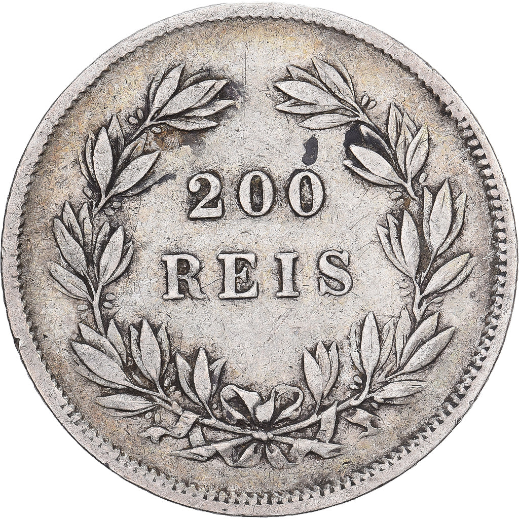 Portugal, Pedro V, 200 Reis, 1855, Lisbon, Plata, BC+