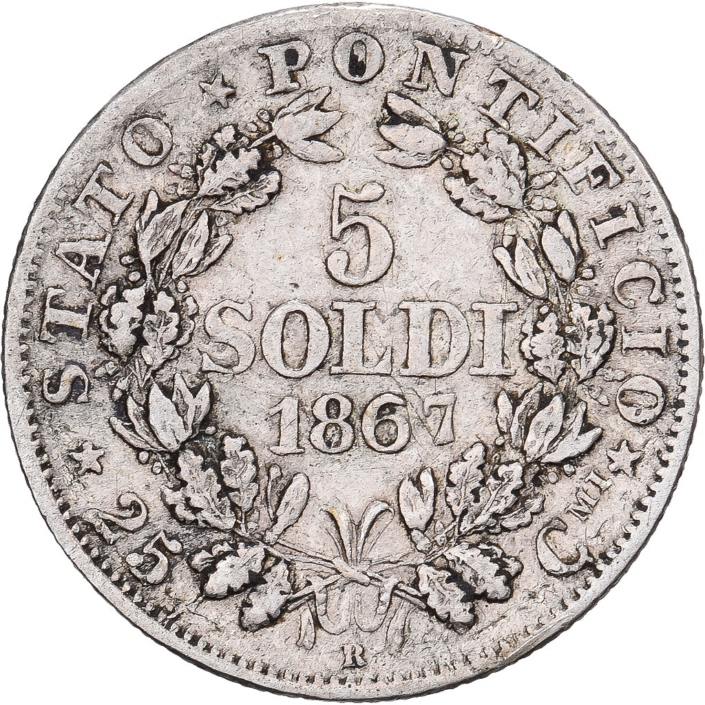 Papal States, Pius IX, 5 Soldi, 1867, Rome, Silver, EF(40-45)
