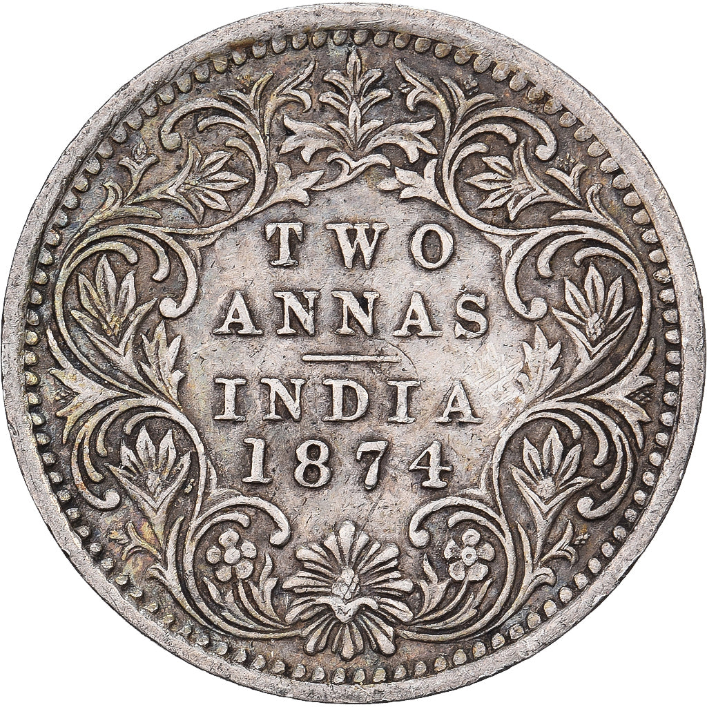 India-Brits, Victoria, 2 Annas, 1874, Bombay, Zilver, ZF+