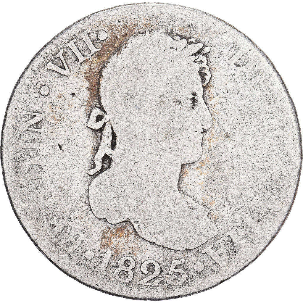 España, Fernando VII, 2 Reales, 1825, Seville, Plata, BC