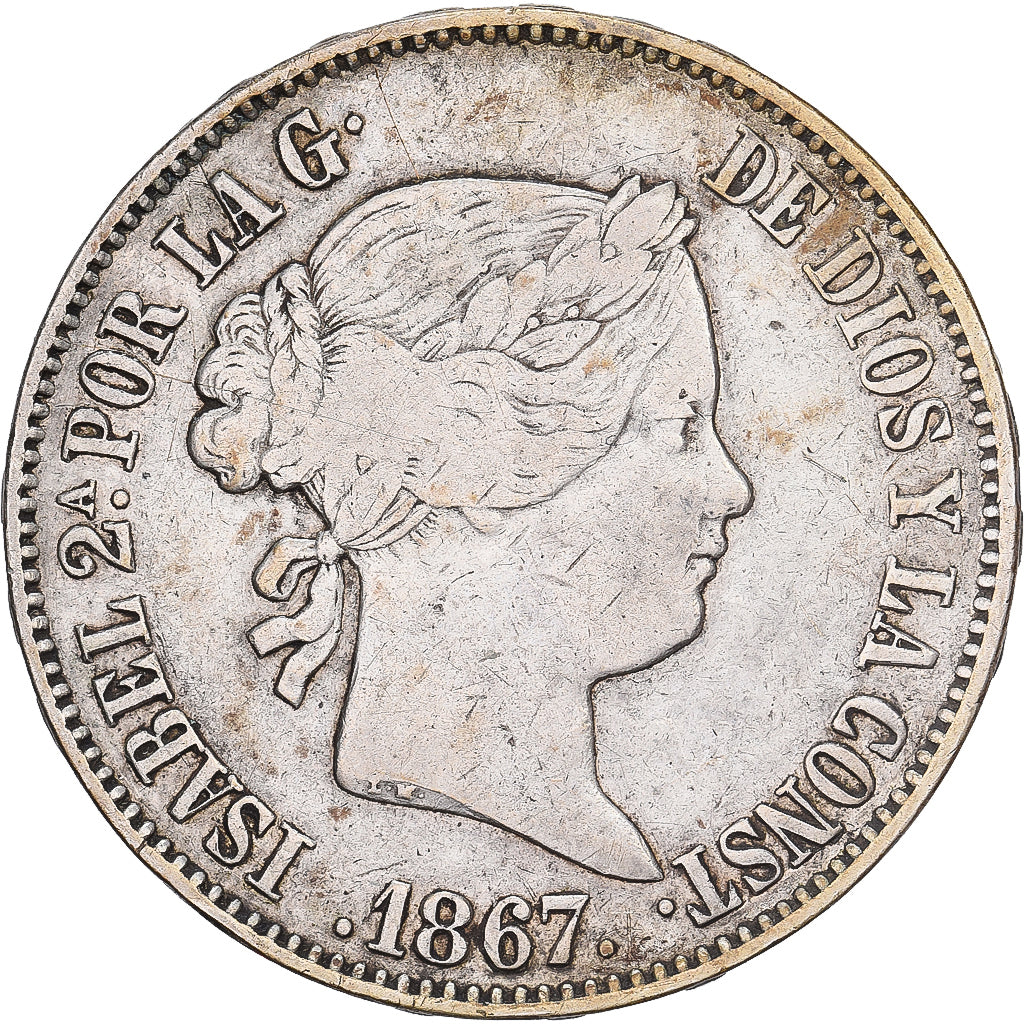 Spagna, Isabel II, 1 Escudo, 1867, Seville, Argento, MB+