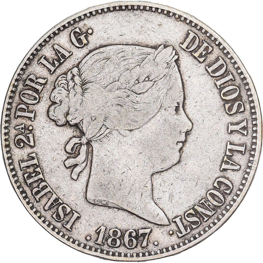 Spagna, Isabel II, 1 Escudo, 1867, Seville, Argento, MB+