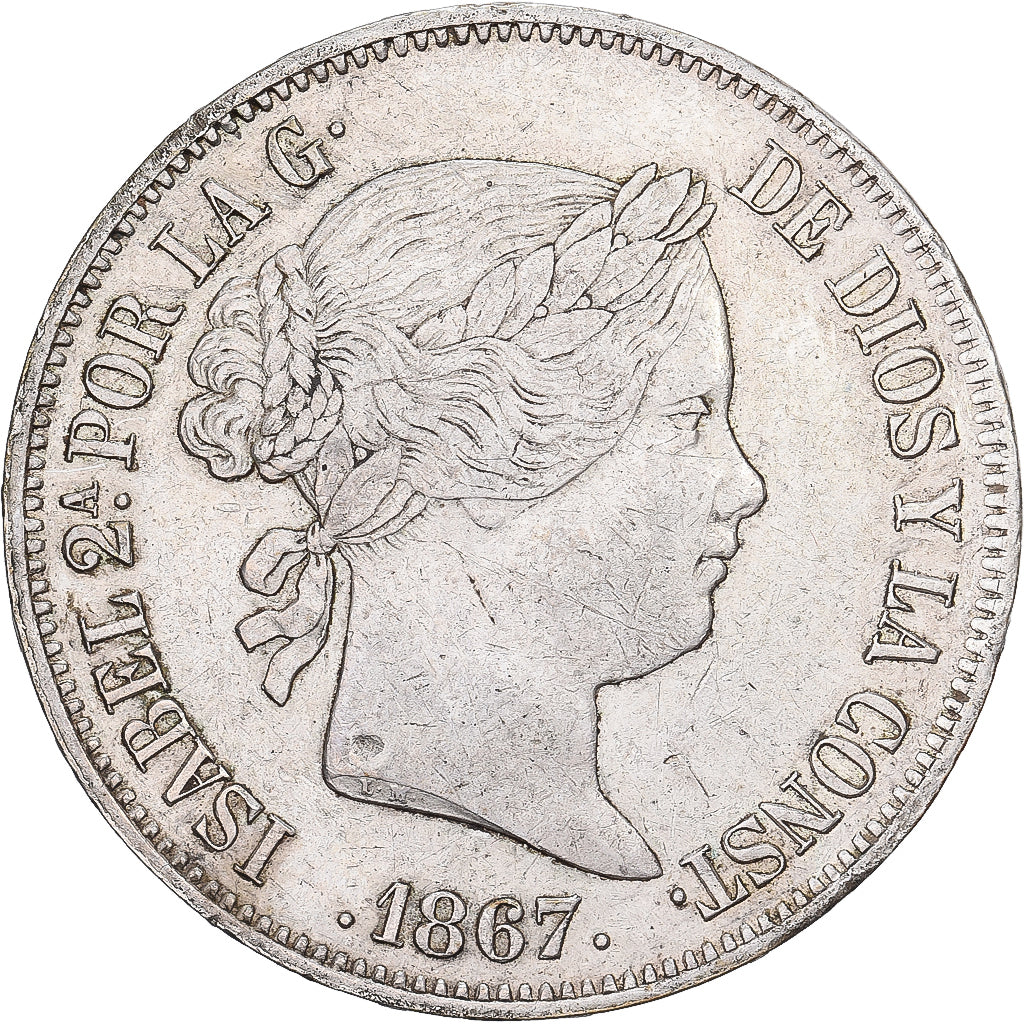 Spain, Isabel II, 2 Escudos, 1867, Madrid, Silver, EF(40-45)