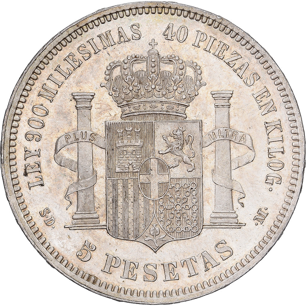 Espanha, Amadeo I, 5 Pesetas, 1871, Madrid, Prata, MS(60-62)