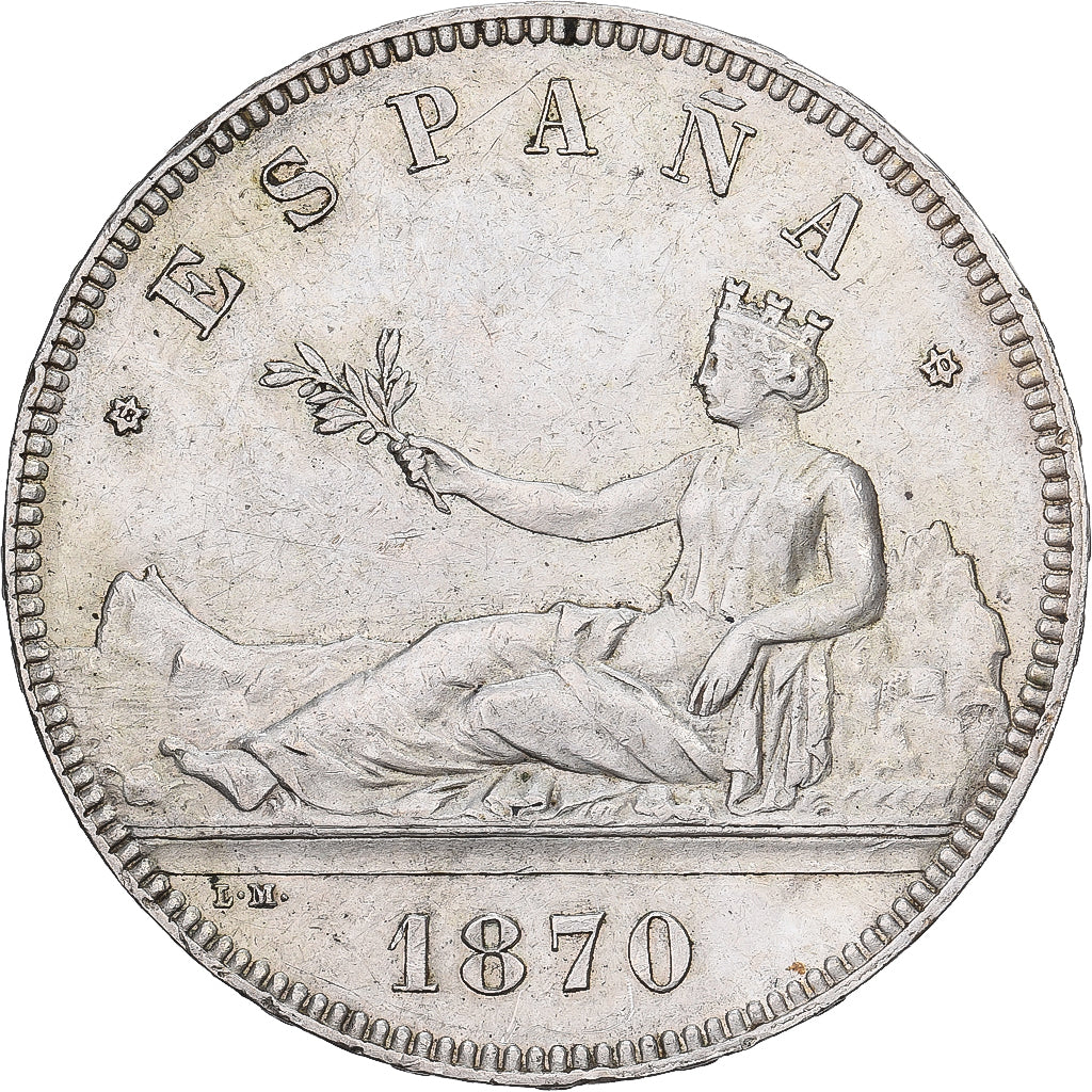 Spagna, Provisional Government, 5 Pesetas, 1870, Madrid, Argento, BB+