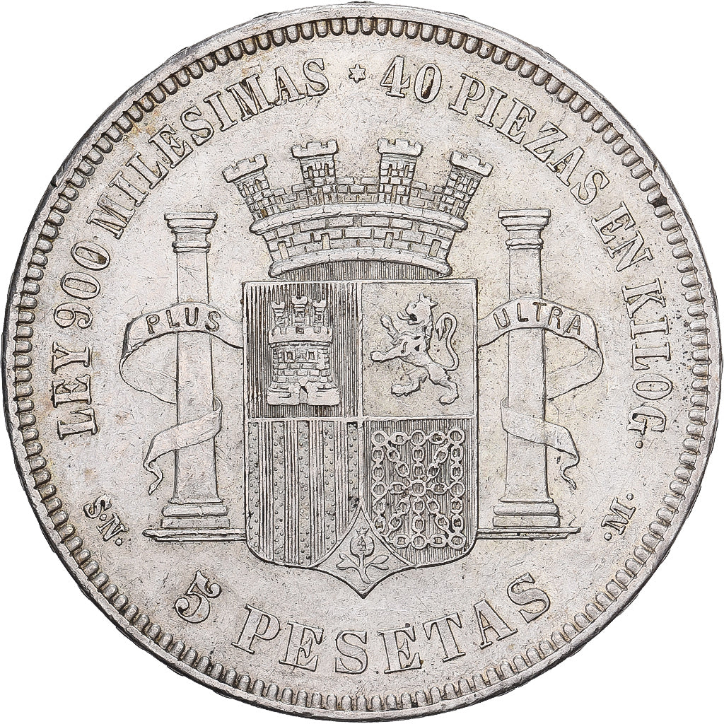 Spagna, Provisional Government, 5 Pesetas, 1870, Madrid, Argento, BB+