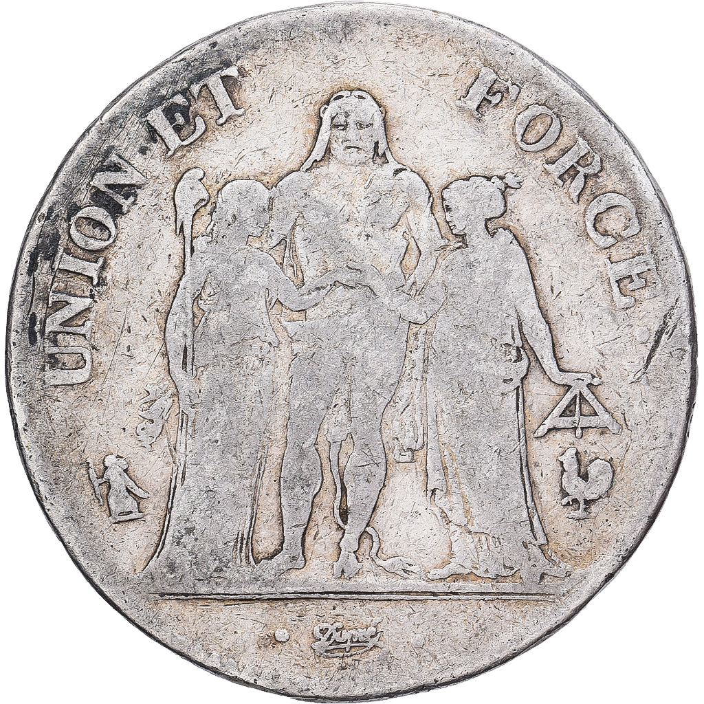 France, 5 Francs, Union et Force, 1797-1798, Paris, Silver, VF(20-25), KM:639.1