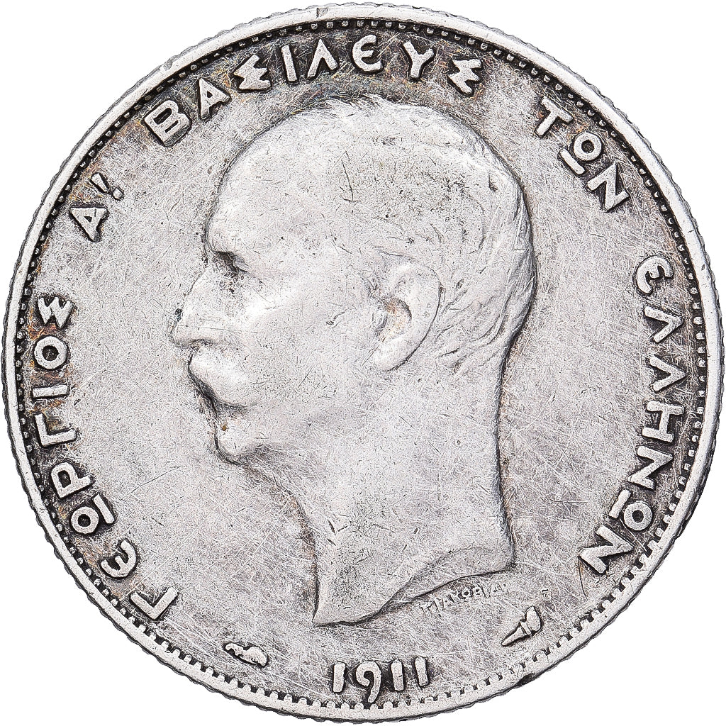 Grecia, George I, 2 Drachmai, 1911, Plata, BC+, KM:61