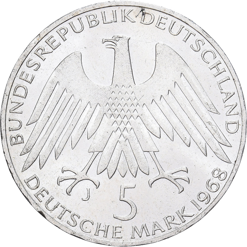 Niemcy - RFN, 5 Mark, 1968, Hamburg, Srebro, AU(55-58), KM:121