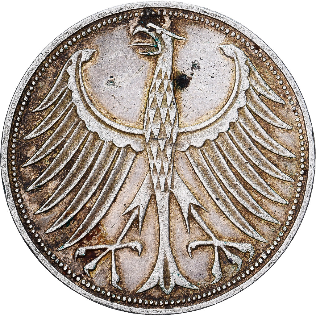 ALEMANIA - REPÚBLICA FEDERAL, 5 Mark, 1972, Stuttgart, Plata, BC+, KM:112.1