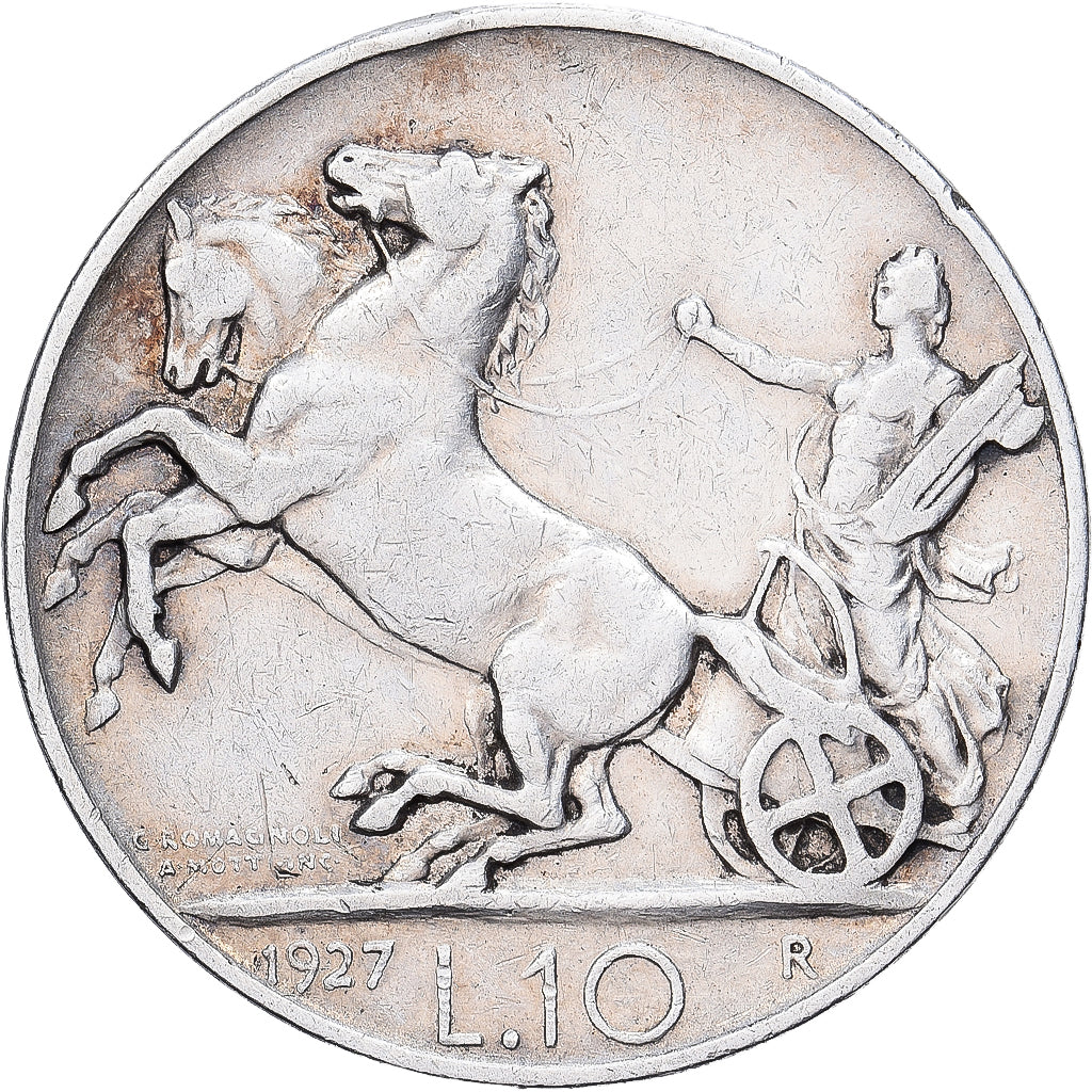 Italia, Vittorio Emanuele III, 10 Lire, 1927, Rome, Plata, BC+, KM:68.2