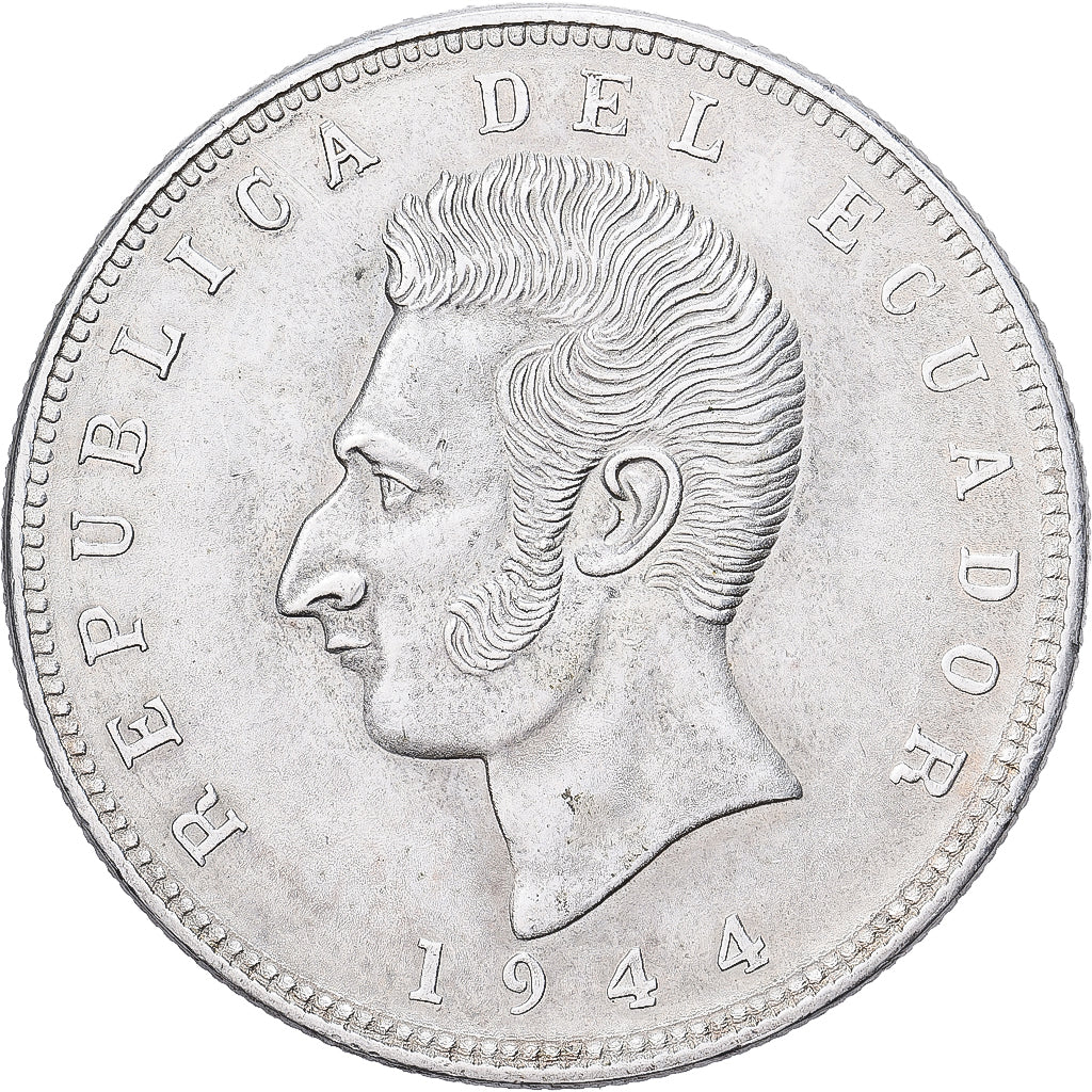 Equador, 5 Sucres, Cinco, 1944, Mexico City, Prata, EF(40-45), KM:79