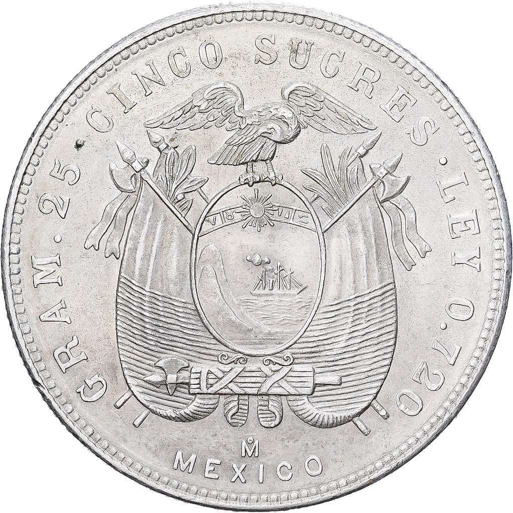 Equador, 5 Sucres, Cinco, 1944, Mexico City, Prata, EF(40-45), KM:79