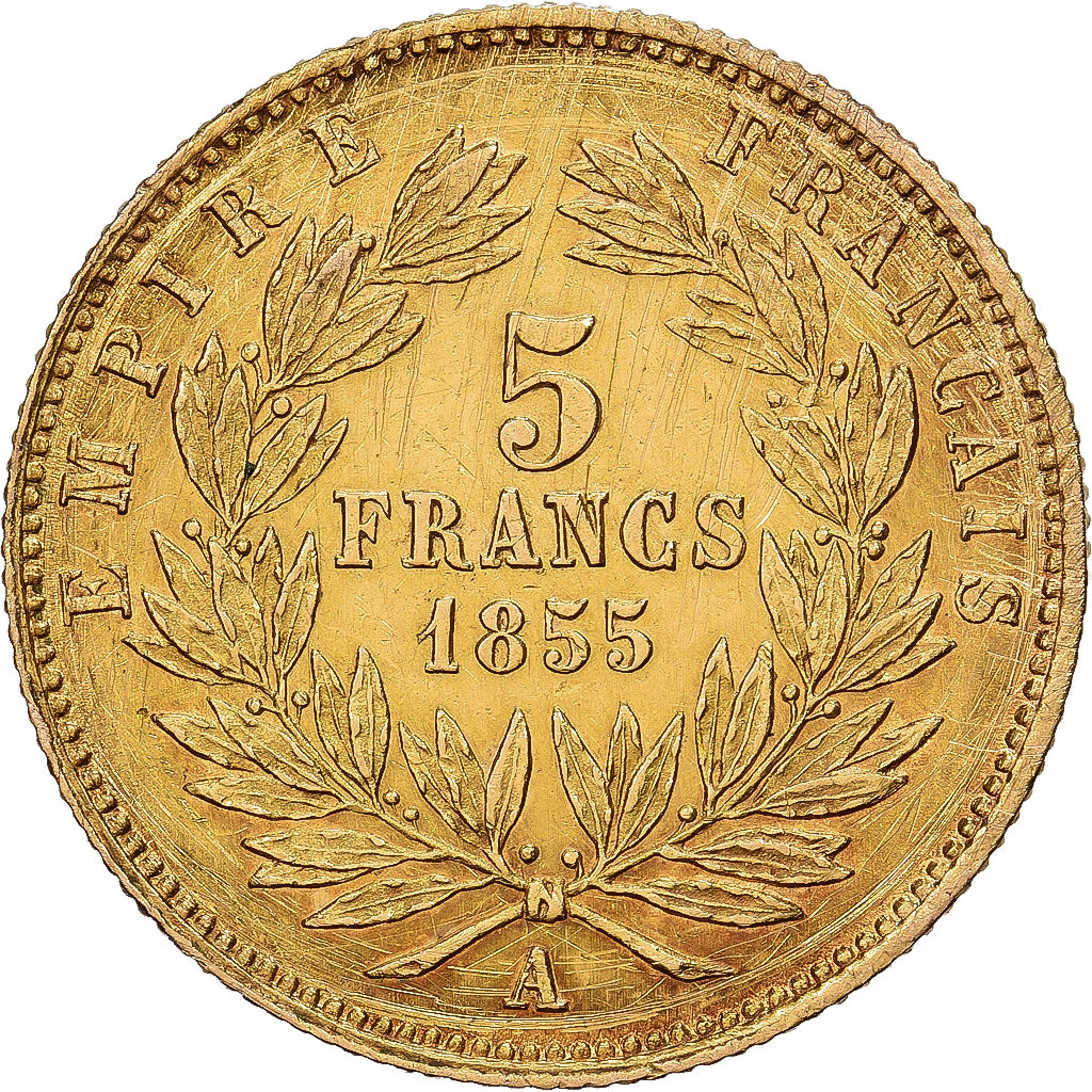França, Napoleon III, 5 Francs, Napoléon III, 1855, Paris, Dourado, VF(30-35)