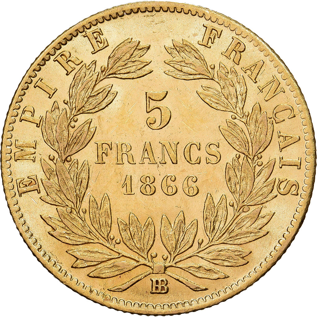 França, Napoleon III, 5 Francs, Napoléon III, 1866, Strasbourg, Dourado