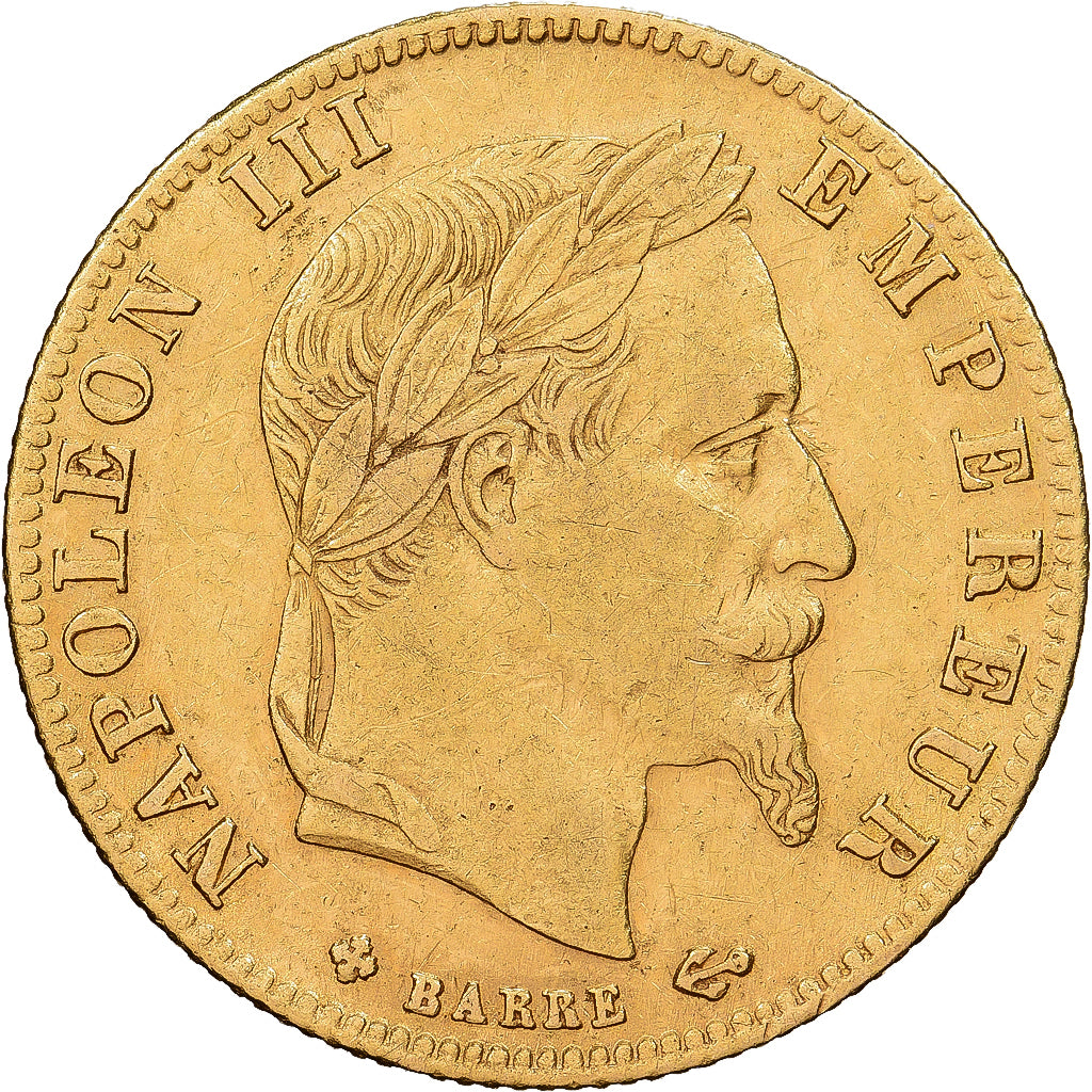 França, Napoleon III, 5 Francs, Napoléon III, 1865, Strasbourg, Dourado