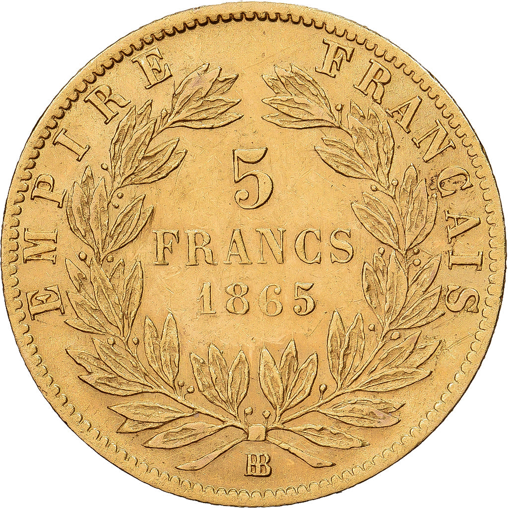 França, Napoleon III, 5 Francs, Napoléon III, 1865, Strasbourg, Dourado