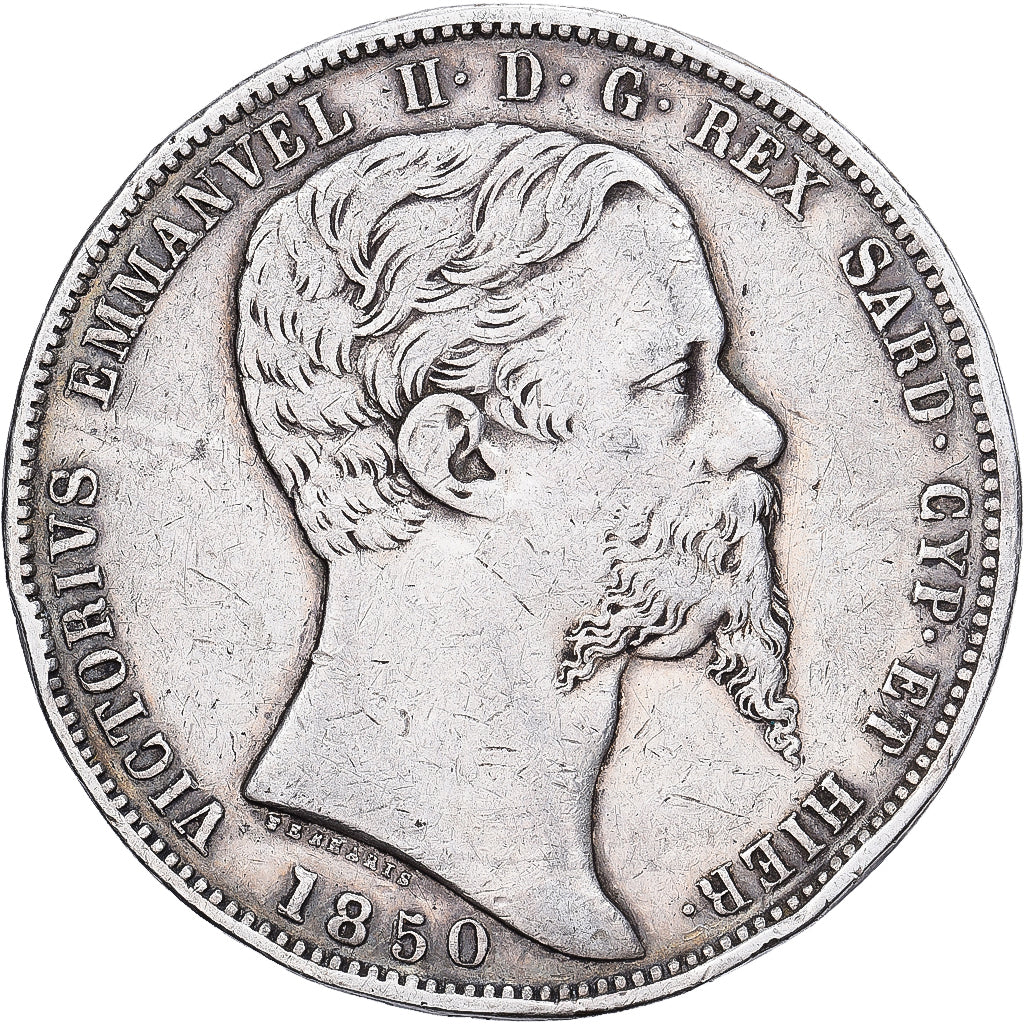 États italiens, SARDINIA, Victor-Emmanuel II, 5 Lire, 1850, Genoa, Argent, TB+