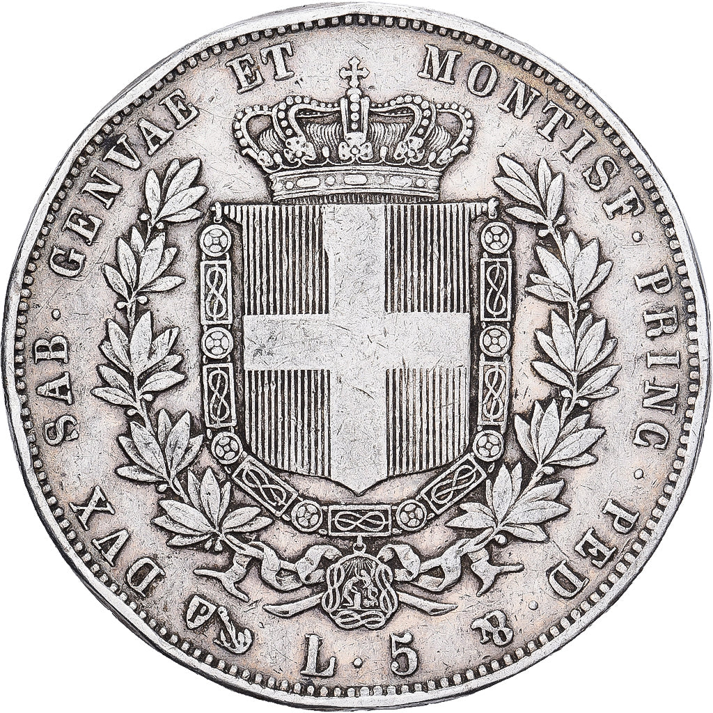 États italiens, SARDINIA, Victor-Emmanuel II, 5 Lire, 1850, Genoa, Argent, TB+
