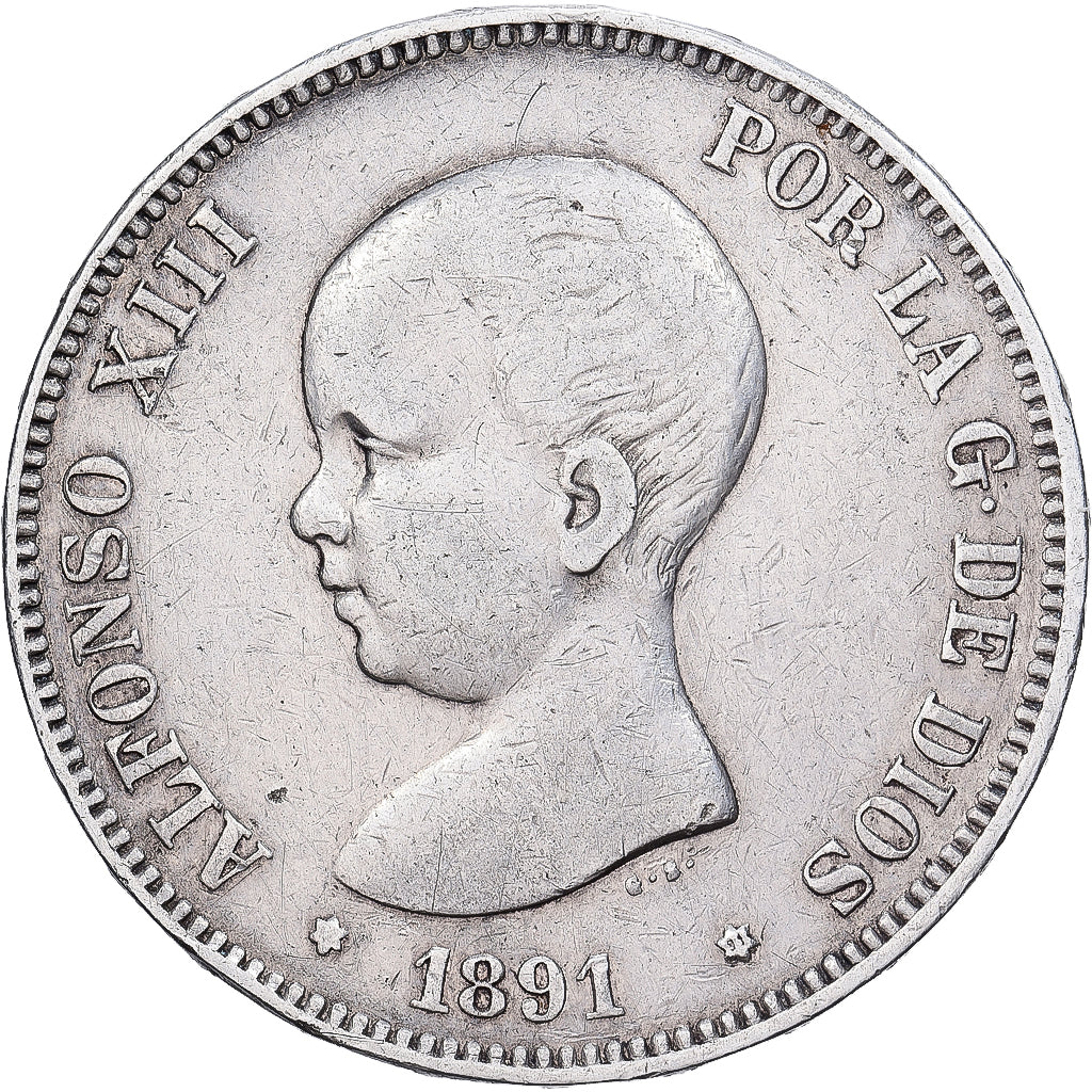 Spanien, Alfonso XIII, 5 Pesetas, 1891, Madrid, Silber, S, KM:689