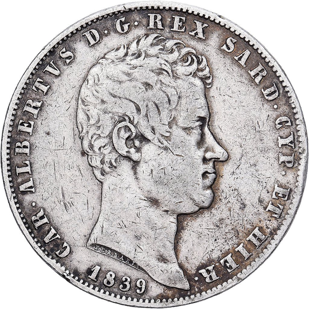 Estados italianos, SARDINIA, Carlo Alberto, 5 Lire, 1839, Torino, Plata, BC+
