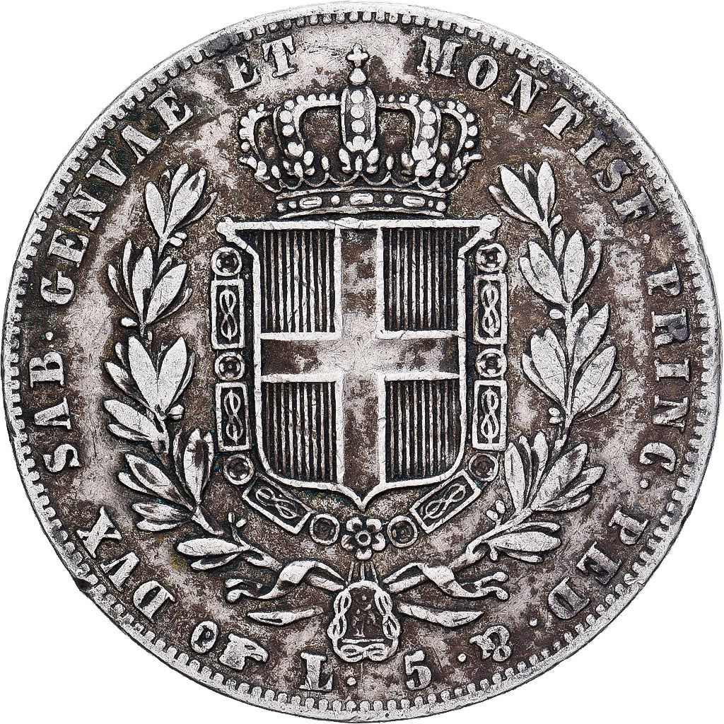 Estados italianos, SARDINIA, Carlo Alberto, 5 Lire, 1839, Torino, Plata, BC+